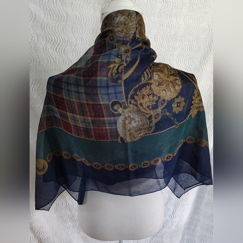 Compagnie Internationale Express Equestrian Plaid Gold Filigree Scarf Old Money - Picture 7 of 17